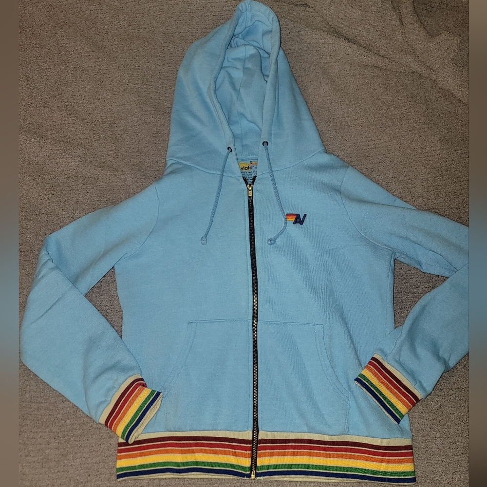 Like New Aviator Nation Blue Hoodie with Rainbow Zip Up - Picture 2 of 8